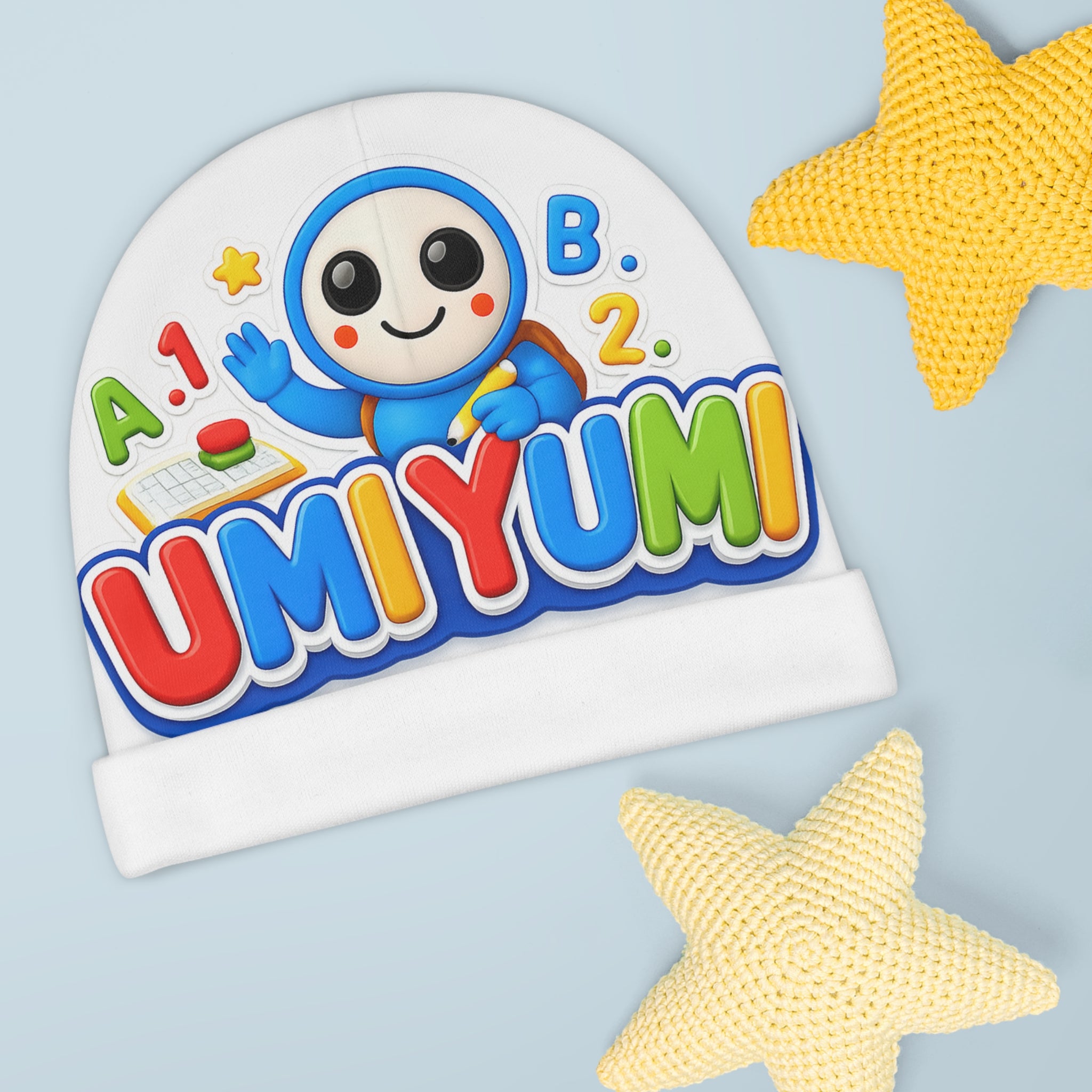Baby Beanie — Colorful 'UMIYUMI' Cartoon Infant Hat (ABC, A1 Playful Design)